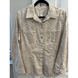 Chico's Top Womens 2,US Large Beige Zebra Stripe Gauzy Button Collar Long Sleeve